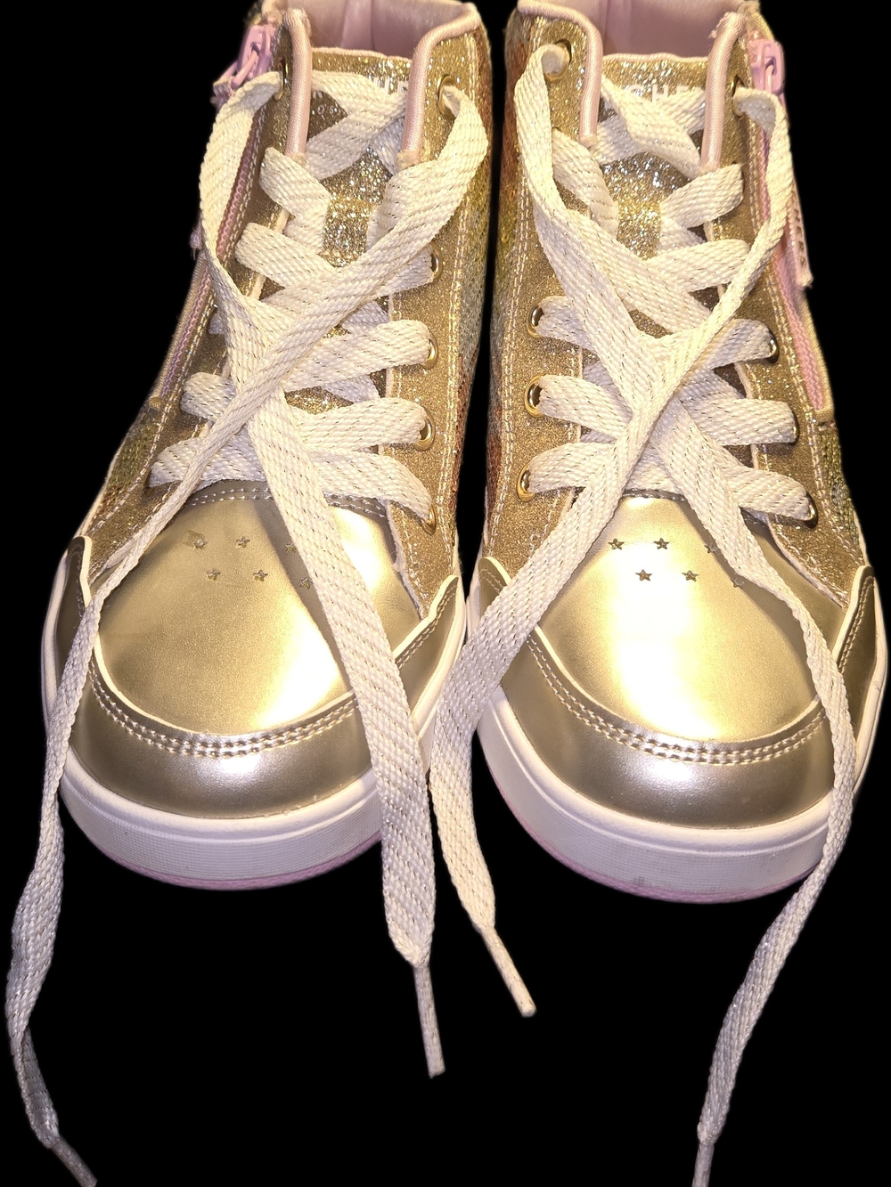 Sketchers Metallic Gold High-Top Sneakers with Pink Accents Size 4. Great Cond.